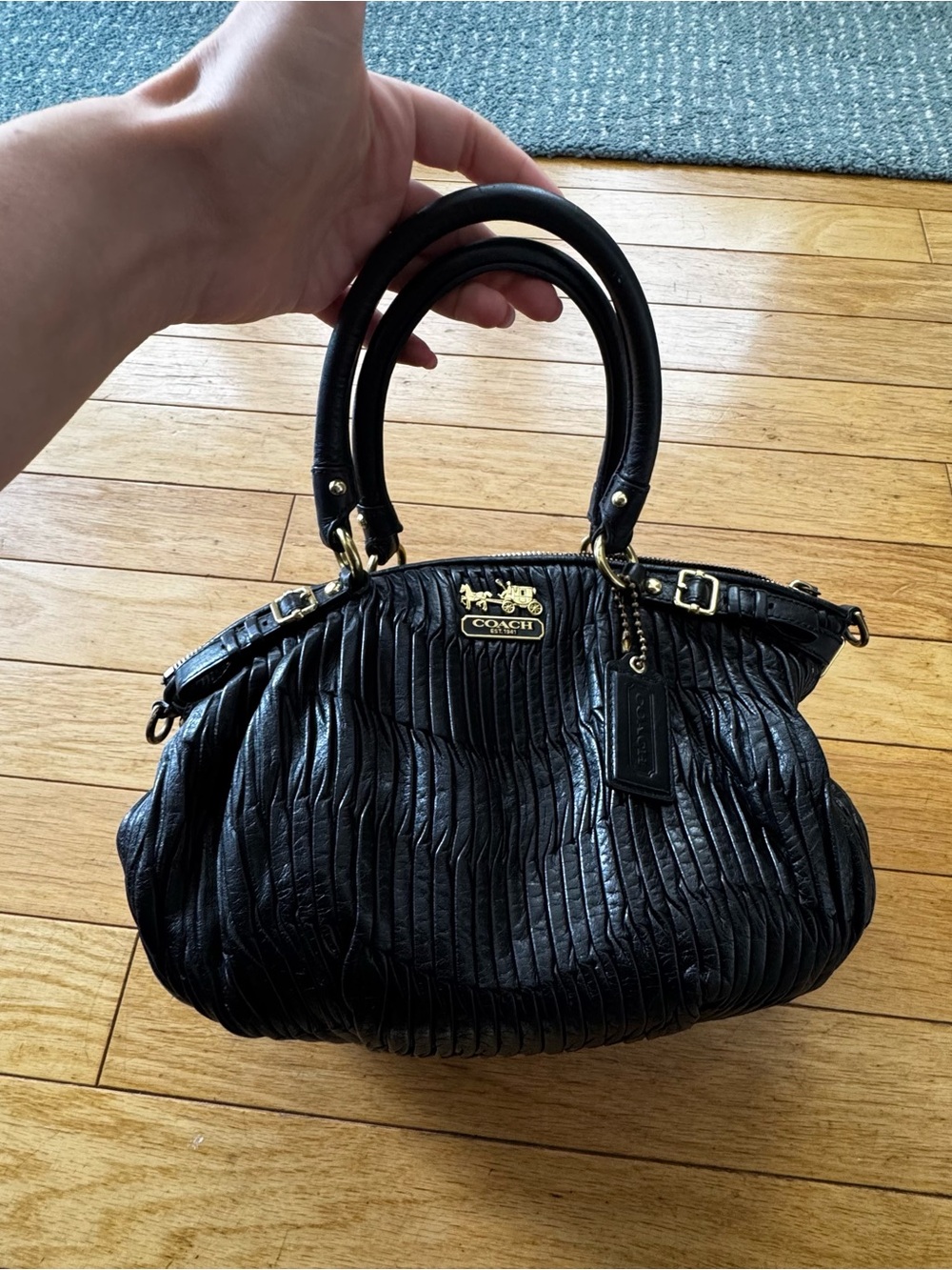 Coach Madison Gathered Leather Satchel Bag Black Pleated Purse Gold Hardware